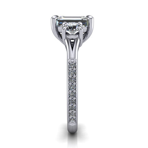 Ruth emerald three stone engagement ring in 18K White Gold, side profile showing the pav&eacute; band and the three-stone setting in profile