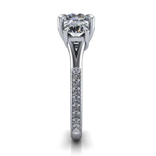 Ruth round three stone engagement ring in 18K White Gold, side profile showing the pav&eacute; band and the three-stone setting in profile