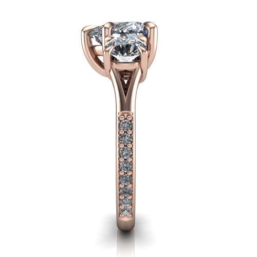 Ruth heart three stone engagement ring in 18K Rose Gold, side profile showing the pav&eacute; band and the three-stone setting in profile