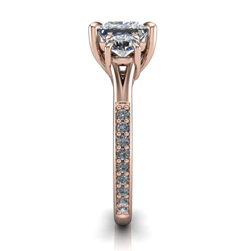 Ruth princess three stone engagement ring in 18K Rose Gold, side profile showing the pav&eacute; band and the three-stone setting in profile