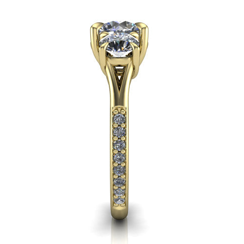 Ruth round three stone engagement ring in 18K Yellow Gold, side profile showing the pav&eacute; band and the three-stone setting in profile