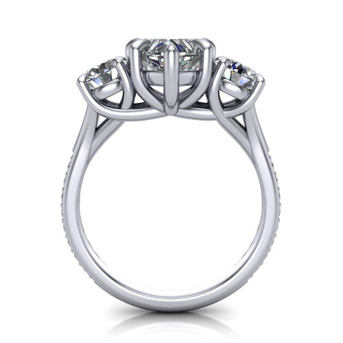Ruth heart three stone engagement ring in 18K White Gold, through-finger front profile showing the three-stone head and scrolled gallery above the pav&eacute; band