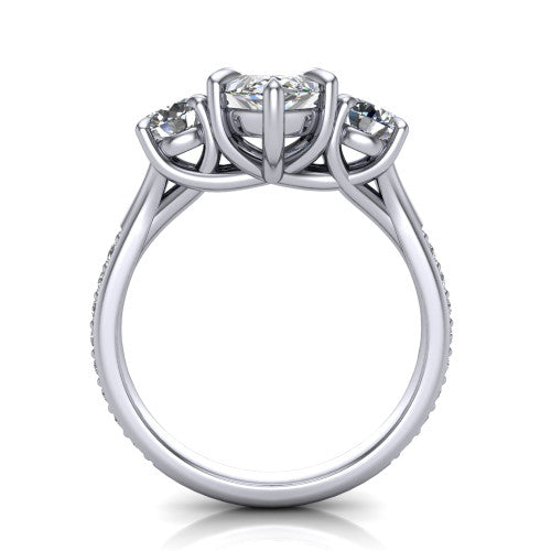 Ruth marquise three stone engagement ring in 14K White Gold, through-finger front profile showing the three-stone head and scrolled gallery above the pav&eacute; band