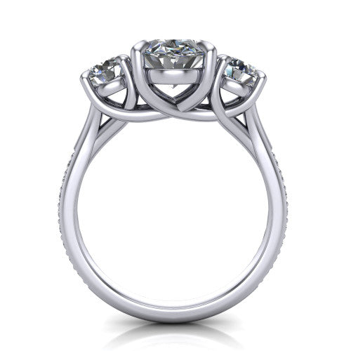 Ruth oval three stone engagement ring in 14K White Gold, through-finger front profile showing the three-stone head and scrolled gallery above the pav&eacute; band
