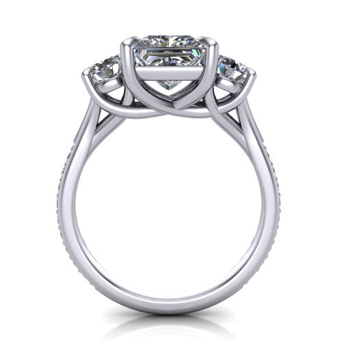 Ruth princess three stone engagement ring in 14K White Gold, through-finger front profile showing the three-stone head and scrolled gallery above the pav&eacute; band