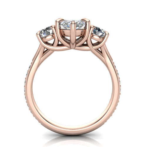 Ruth marquise three stone engagement ring in 18K Rose Gold, through-finger front profile showing the three-stone head and scrolled gallery above the pav&eacute; band