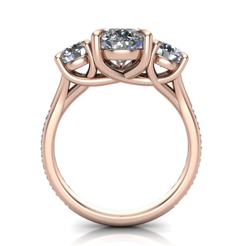 Ruth pear three stone engagement ring in 14K Rose Gold, through-finger front profile showing the three-stone head and scrolled gallery above the pav&eacute; band
