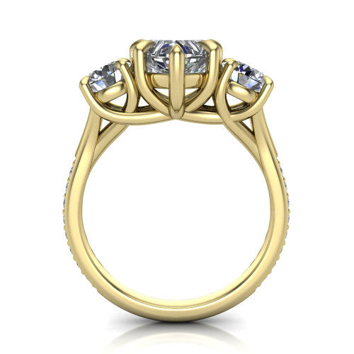 Ruth heart three stone engagement ring in 14K Yellow Gold, through-finger front profile showing the three-stone head and scrolled gallery above the pav&eacute; band