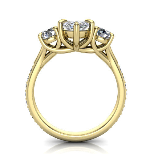 Ruth marquise three stone engagement ring in 14K Yellow Gold, through-finger front profile showing the three-stone head and scrolled gallery above the pav&eacute; band