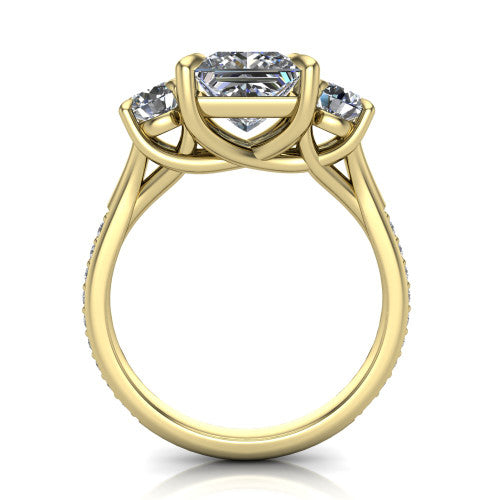 Ruth princess three stone engagement ring in 14K Yellow Gold, through-finger front profile showing the three-stone head and scrolled gallery above the pav&eacute; band