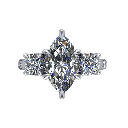 Ruth marquise three stone engagement ring in Platinum, top-down view showing the marquise center flanked by two round accent diamonds