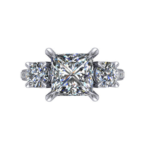 Ruth princess three stone engagement ring in 14K White Gold, top-down view showing the princess center flanked by two round accent diamonds