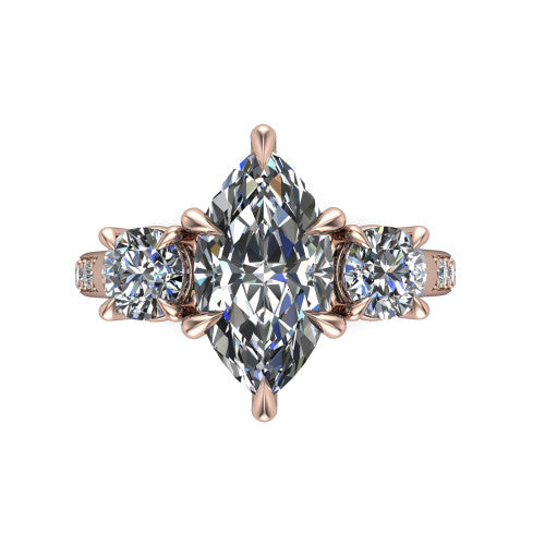 Ruth marquise three stone engagement ring in 18K Rose Gold, top-down view showing the marquise center flanked by two round accent diamonds