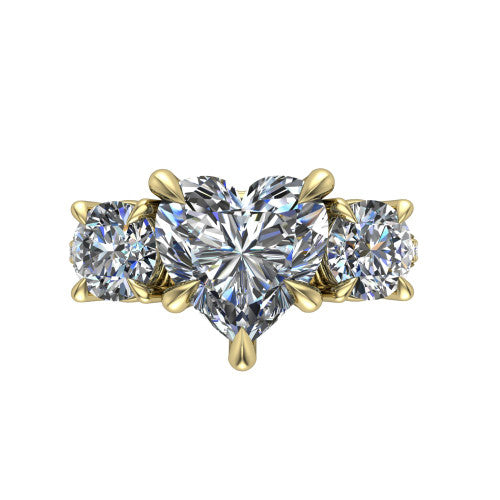 Ruth heart three stone engagement ring in 14K Yellow Gold, top-down view showing the heart center flanked by two round accent diamonds