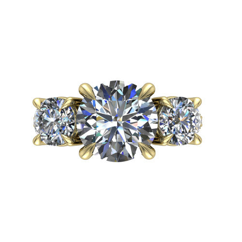 Ruth round three stone engagement ring in 14K Yellow Gold, top-down view showing the round center flanked by two round accent diamonds