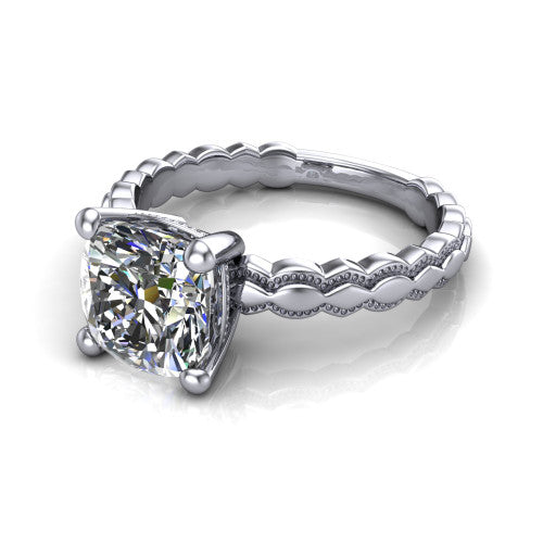 Flora cushion solitaire engagement ring in 18K White Gold, three-quarter perspective showing the cushion center on claw prongs above a scalloped beaded milgrain band