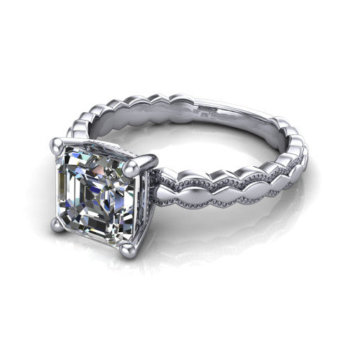 Flora square emerald solitaire engagement ring in 14K White Gold, three-quarter perspective showing the square emerald center on claw prongs above a scalloped beaded milgrain band