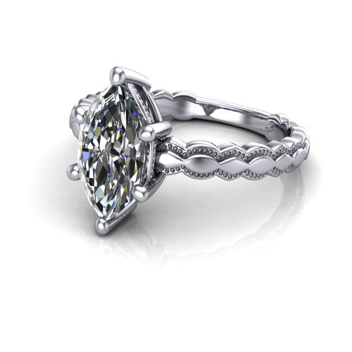 Flora marquise solitaire engagement ring in Platinum, three-quarter perspective showing the marquise center on claw prongs above a scalloped beaded milgrain band