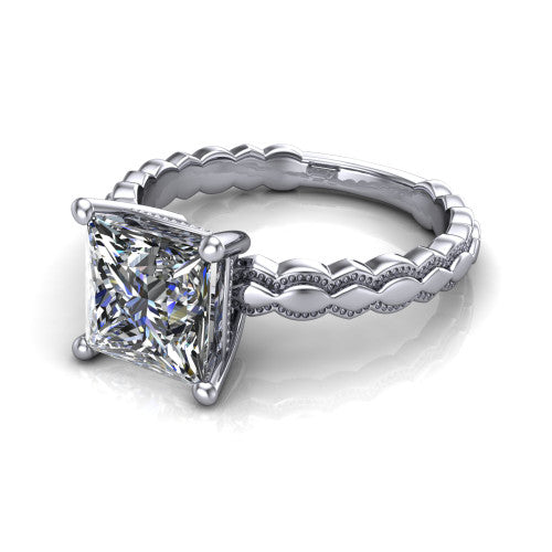 Flora princess solitaire engagement ring in Platinum, three-quarter perspective showing the princess center on claw prongs above a scalloped beaded milgrain band