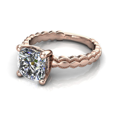 Flora cushion solitaire engagement ring in 18K Rose Gold, three-quarter perspective showing the cushion center on claw prongs above a scalloped beaded milgrain band