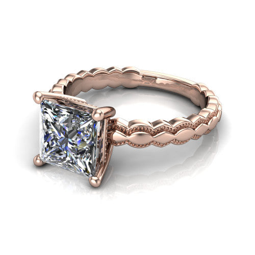 Flora princess solitaire engagement ring in 14K Rose Gold, three-quarter perspective showing the princess center on claw prongs above a scalloped beaded milgrain band