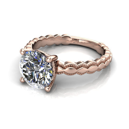 Flora round solitaire engagement ring in 18K Rose Gold, three-quarter perspective showing the round center on claw prongs above a scalloped beaded milgrain band