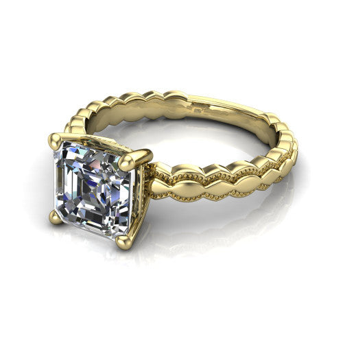 Flora square emerald solitaire engagement ring in 14K Yellow Gold, three-quarter perspective showing the square emerald center on claw prongs above a scalloped beaded milgrain band
