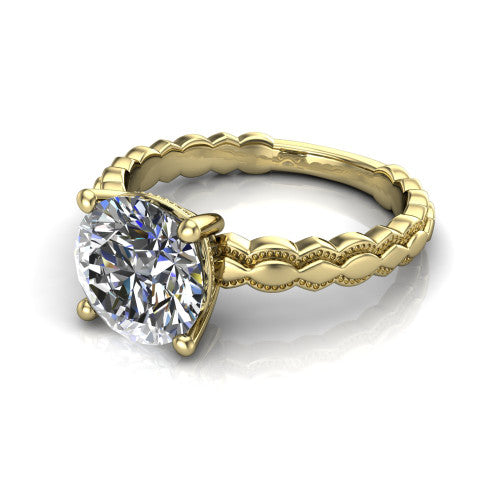 Flora round solitaire engagement ring in 14K Yellow Gold, three-quarter perspective showing the round center on claw prongs above a scalloped beaded milgrain band