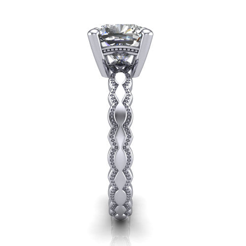 Flora cushion solitaire engagement ring in 14K White Gold, side profile showing the scalloped milgrain band and the open basket beneath the cushion center
