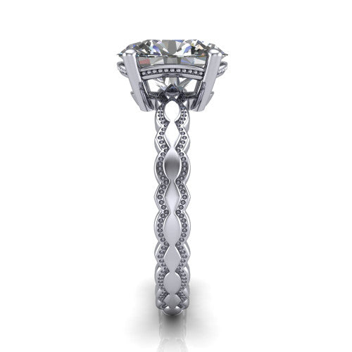Flora oval solitaire engagement ring in 18K White Gold, side profile showing the scalloped milgrain band and the open basket beneath the oval center