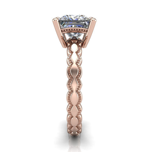 Flora princess solitaire engagement ring in 14K Rose Gold, side profile showing the scalloped milgrain band and the open basket beneath the princess center