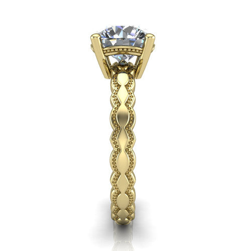 Flora round solitaire engagement ring in 14K Yellow Gold, side profile showing the scalloped milgrain band and the open basket beneath the round center