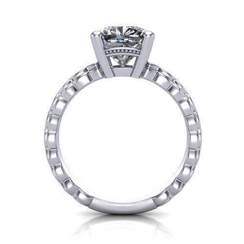Flora cushion solitaire engagement ring in 14K White Gold, through-finger front profile showing the cushion center raised above the beaded band