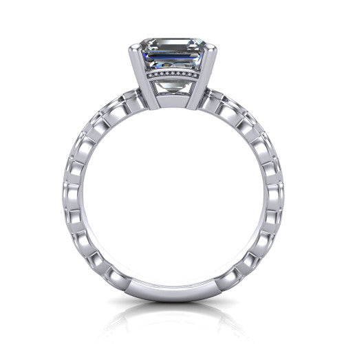 Flora square emerald solitaire engagement ring in 14K White Gold, through-finger front profile showing the square emerald center raised above the beaded band