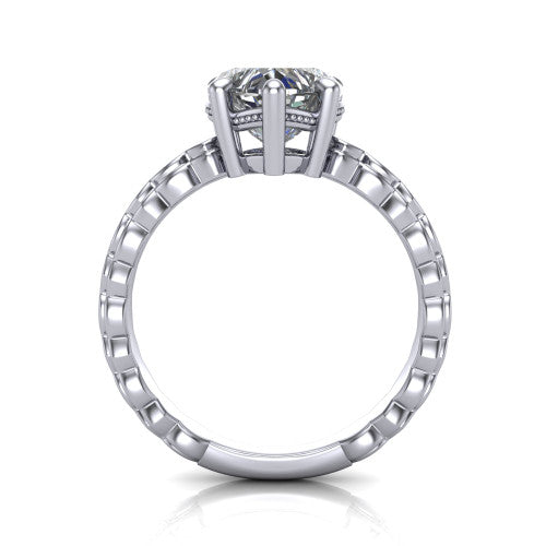 Flora heart solitaire engagement ring in Platinum, through-finger front profile showing the heart center raised above the beaded band