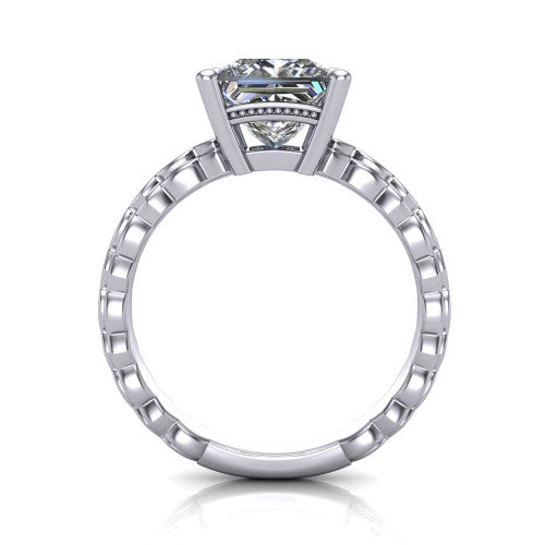 Flora princess solitaire engagement ring in 14K White Gold, through-finger front profile showing the princess center raised above the beaded band