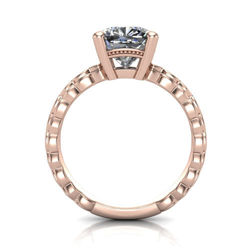 Flora cushion solitaire engagement ring in 18K Rose Gold, through-finger front profile showing the cushion center raised above the beaded band