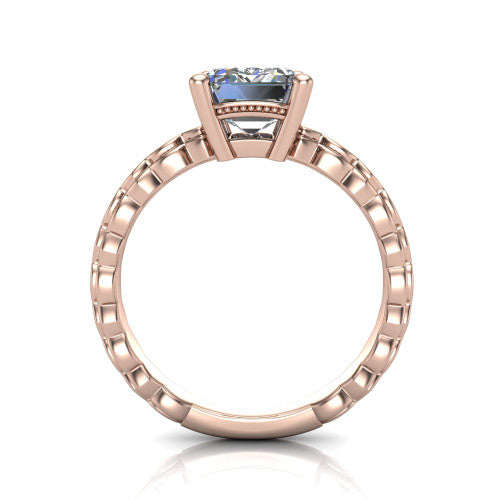 Flora emerald solitaire engagement ring in 14K Rose Gold, through-finger front profile showing the emerald center raised above the beaded band