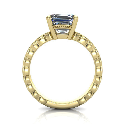 Flora square emerald solitaire engagement ring in 14K Yellow Gold, through-finger front profile showing the square emerald center raised above the beaded band