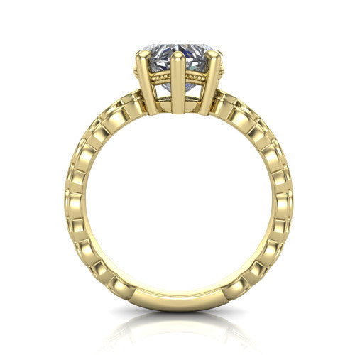 Flora heart solitaire engagement ring in 14K Yellow Gold, through-finger front profile showing the heart center raised above the beaded band