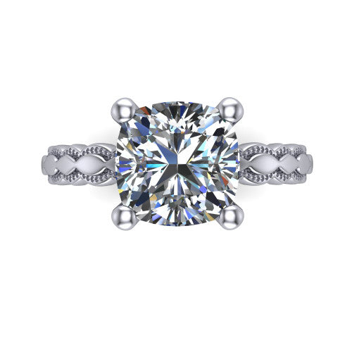 Flora cushion solitaire engagement ring in Platinum, top-down view showing the cushion center and the scalloped openwork band