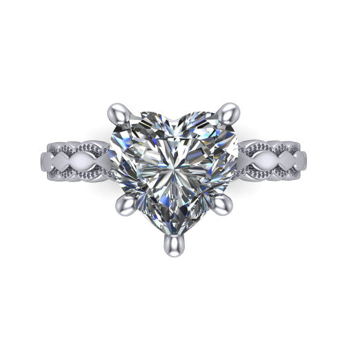 Flora heart solitaire engagement ring in 18K White Gold, top-down view showing the heart center and the scalloped openwork band