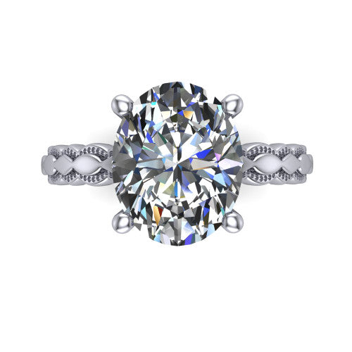 Flora oval solitaire engagement ring in 18K White Gold, top-down view showing the oval center and the scalloped openwork band