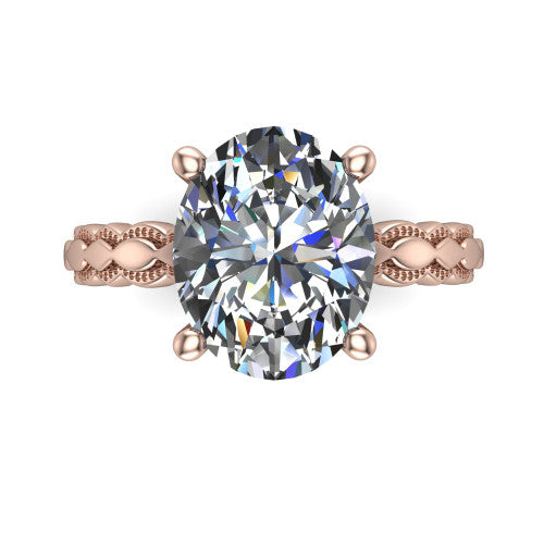 Flora oval solitaire engagement ring in 18K Rose Gold, top-down view showing the oval center and the scalloped openwork band