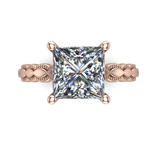 Flora princess solitaire engagement ring in 18K Rose Gold, top-down view showing the princess center and the scalloped openwork band