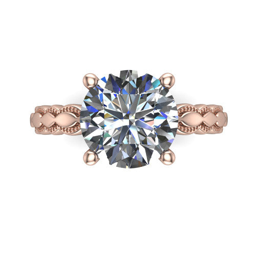 Flora round solitaire engagement ring in 14K Rose Gold, top-down view showing the round center and the scalloped openwork band