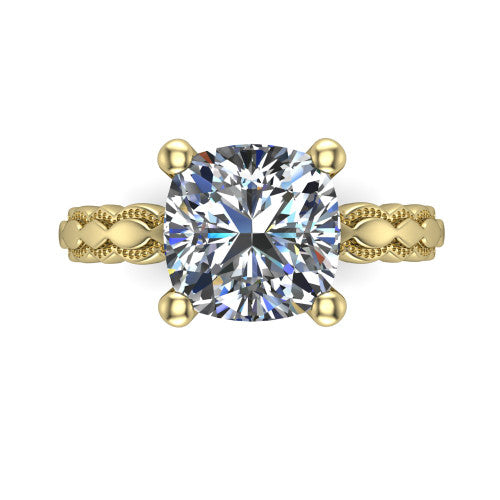 Flora cushion solitaire engagement ring in 18K Yellow Gold, top-down view showing the cushion center and the scalloped openwork band