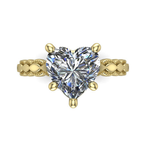Flora heart solitaire engagement ring in 14K Yellow Gold, top-down view showing the heart center and the scalloped openwork band