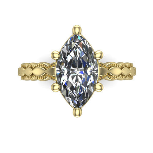 Flora marquise solitaire engagement ring in 14K Yellow Gold, top-down view showing the marquise center and the scalloped openwork band