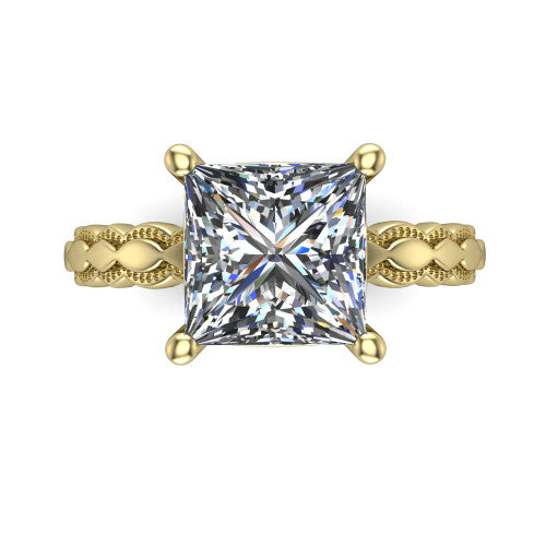Flora princess solitaire engagement ring in 14K Yellow Gold, top-down view showing the princess center and the scalloped openwork band